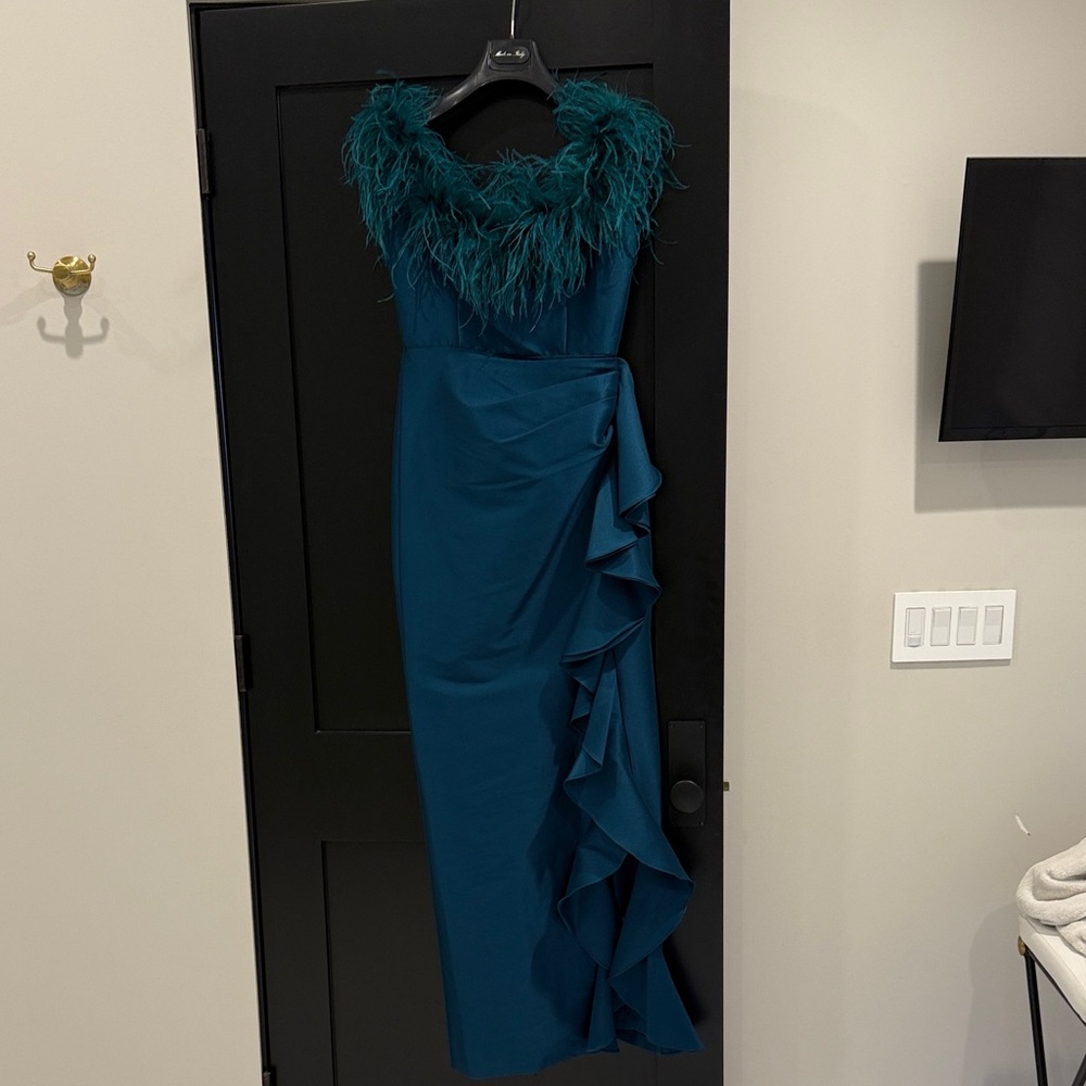 Badgley Mischka Strapless Teal Dress with Feather Trim